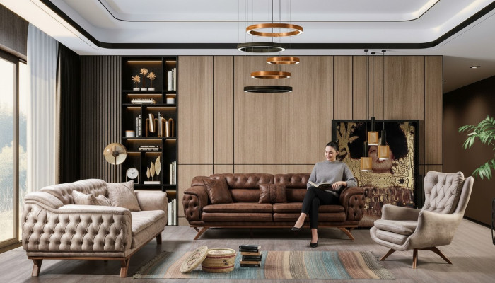 Sofá juego de sala de 3+3+1 plazas, diseño de muebles con sofás de cuero sintético Chesterfield.