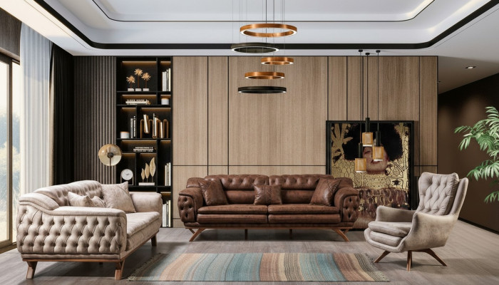 Sofá juego de sala de 3+3+1 plazas, diseño de muebles con sofás de cuero sintético Chesterfield.