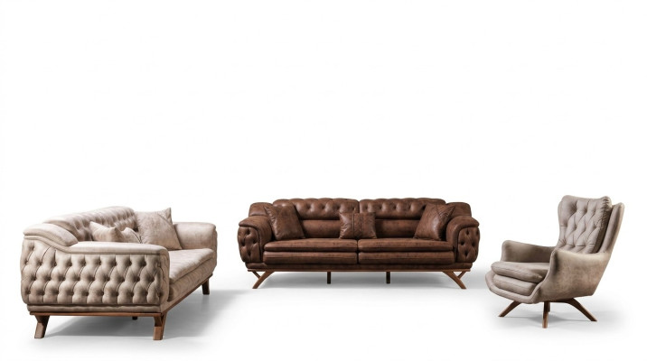 Sofá juego de sala de 3+3+1 plazas, diseño de muebles con sofás de cuero sintético Chesterfield.