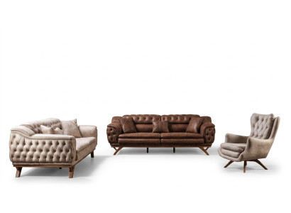 Sofá juego de sala de 3+3+1 plazas, diseño de muebles con sofás de cuero sintético Chesterfield.