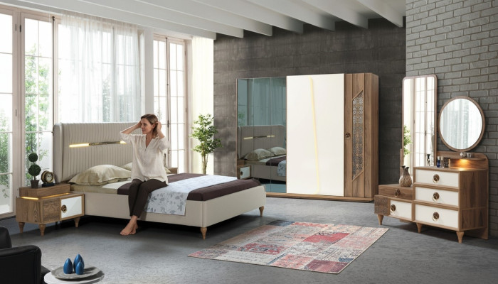 Conjunto de dormitorio Cama 2x Mesitas de noche 5 piezas Diseño Textil Madera Armario