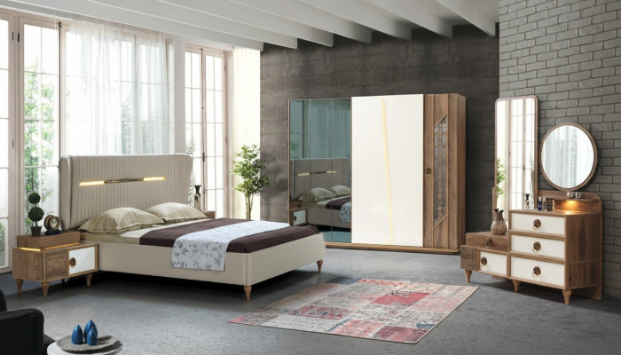 Conjunto de dormitorio Cama 2x Mesitas de noche 5 piezas Diseño Textil Madera Armario