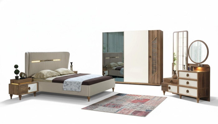 Conjunto de dormitorio Cama 2x Mesitas de noche 5 piezas Diseño Textil Madera Armario