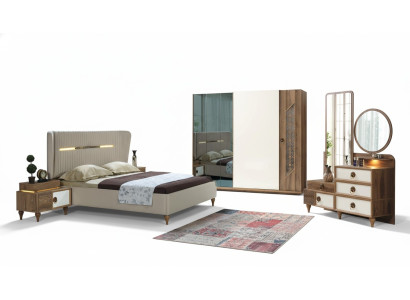 Conjunto de dormitorio Cama 2x Mesitas de noche 5 piezas Diseño Textil Madera Armario