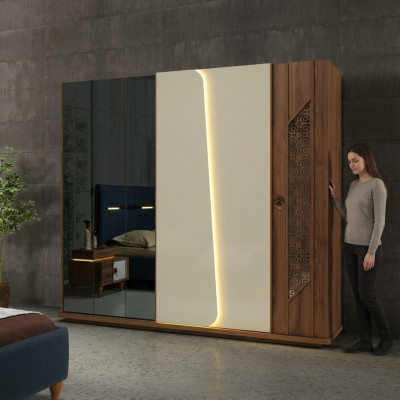 Dormitorio Armario Armario Diseño de madera marrón de lujo LED Armarios