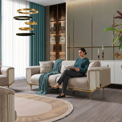 Sofás de sala de estar de 3 plazas, diseño de sofá de lujo textil beige.
