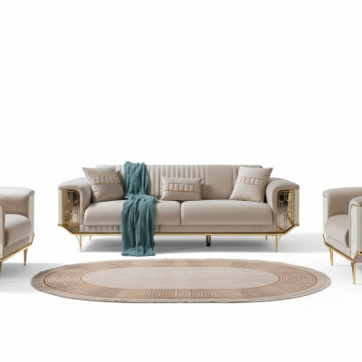Sofás de sala de estar de 3 plazas, diseño de sofá de lujo textil beige.