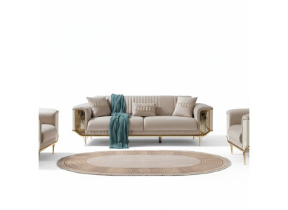 Sofás de sala de estar de 3 plazas, diseño de sofá de lujo textil beige.