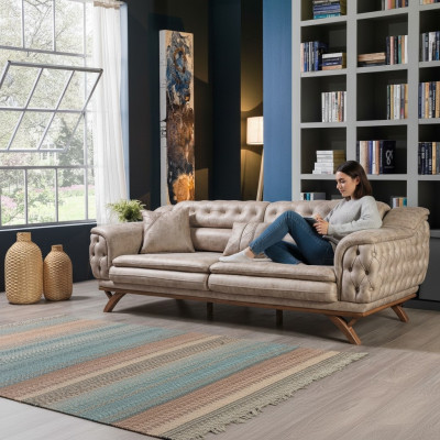 Chesterfield de 3 plazas en beige diseño de sofás acolchados de tela.