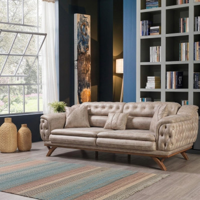 Chesterfield de 3 plazas en beige diseño de sofás acolchados de tela.