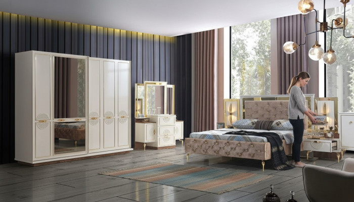 Elegante conjunto de dormitorio en un diseño de lujo con patrones magníficos.