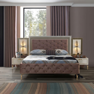 Diseño de cama de dormitorio en lujo, camas tapizadas marrones modernas.
