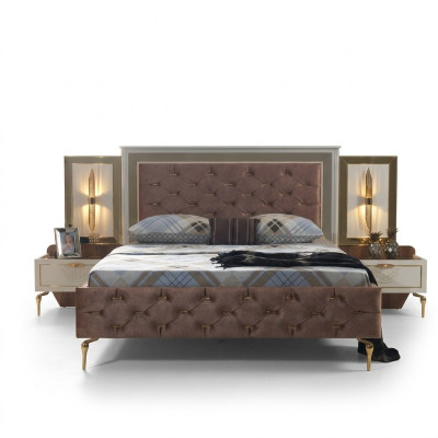 Diseño de cama de dormitorio en lujo, camas tapizadas marrones modernas.