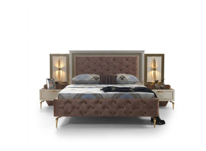 Diseño de cama de dormitorio en lujo, camas tapizadas marrones modernas.