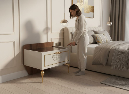 Mesita de noche de dormitorio, diseño moderno, muebles de madera de lujo blancos nuevos.