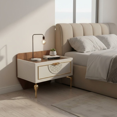 Mesita de noche de dormitorio, diseño moderno, muebles de madera de lujo blancos nuevos.
