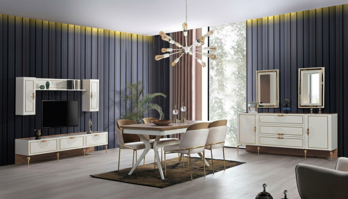 Juego de comedor conjunto Mesa 4 sillas Aparador 2 espejos Mueble de pared de 11 piezas.