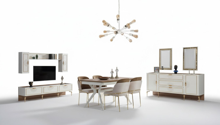 Juego de comedor conjunto Mesa 4 sillas Aparador 2 espejos Mueble de pared de 11 piezas.