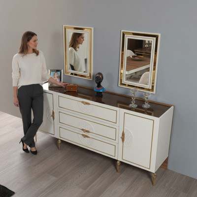 Conjunto de sala de estar aparador con 2x juego de espejos de madera blanco 3 piezas.