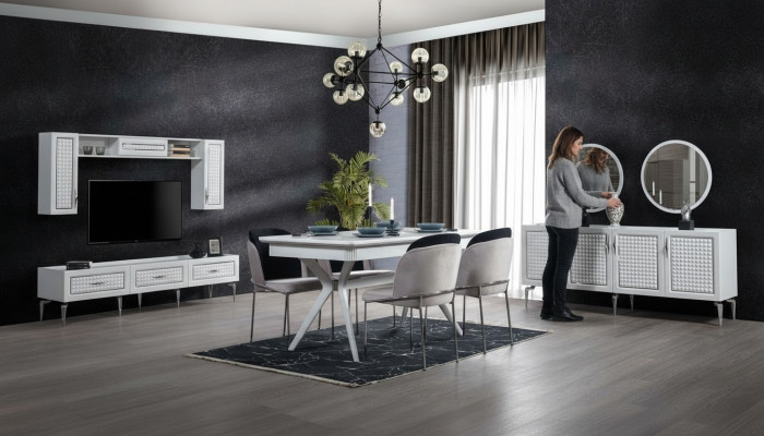 Juego de comedor con mesa, 4 sillas, aparador, 2 espejos y pared de estar de 11 piezas.