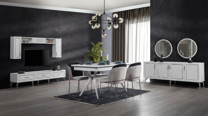 Juego de comedor con mesa, 4 sillas, aparador, 2 espejos y pared de estar de 11 piezas.