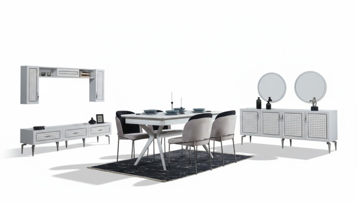 Juego de comedor con mesa, 4 sillas, aparador, 2 espejos y pared de estar de 11 piezas.