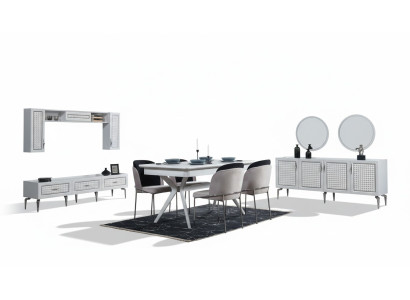 Juego de comedor con mesa, 4 sillas, aparador, 2 espejos y pared de estar de 11 piezas.