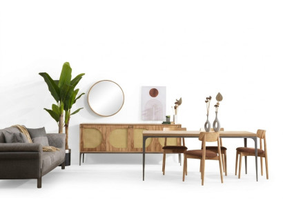 Conjunto de comedor de madera con mesa, mueble, espejo, 4 sillas.