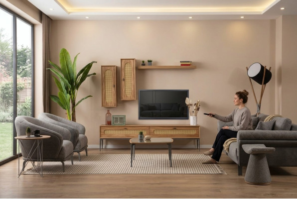 Mueble de TV bajo, mueble de pared para el salón de madera, estante de pared, conjunto de 4 piezas.