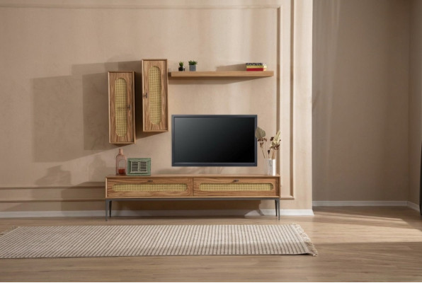 Mueble de TV bajo, mueble de pared para el salón de madera, estante de pared, conjunto de 4 piezas.