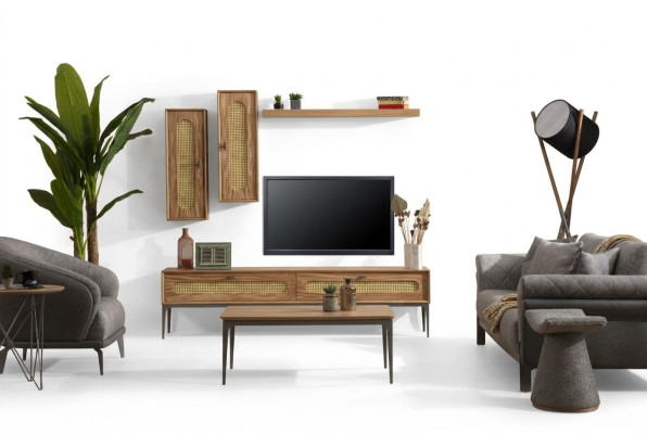 Mueble de TV bajo, mueble de pared para el salón de madera, estante de pared, conjunto de 4 piezas.