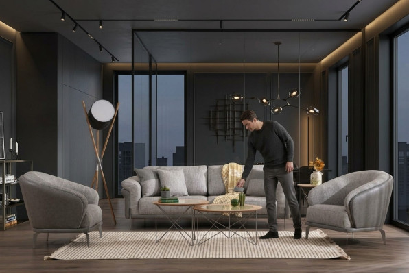 Sofá de 3 plazas gris con sillón conjunto de sala de estar muebles de diseño de lujo