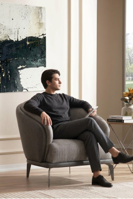 Sillón individual de lujo, 1 asiento, acolchado, diseño gris, tela del asiento nueva.