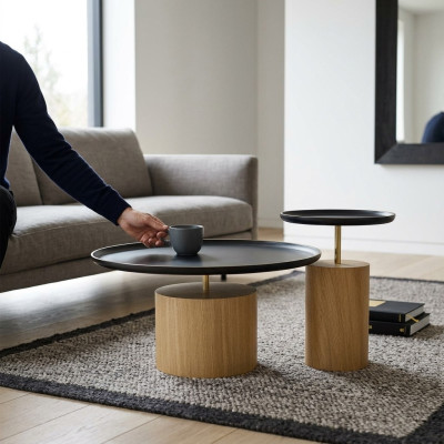Mesa de centro de lujo de madera diseño mesa auxiliar negra mesas redondas nuevas.