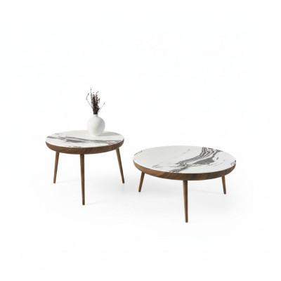 Juego de mesas de café, 2 piezas, mesa de salón, muebles redondos de madera blanca diseño.