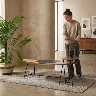 Mesa moderna de centro auxiliar de diseño para sala de estar madera ovalada 2 piezas.