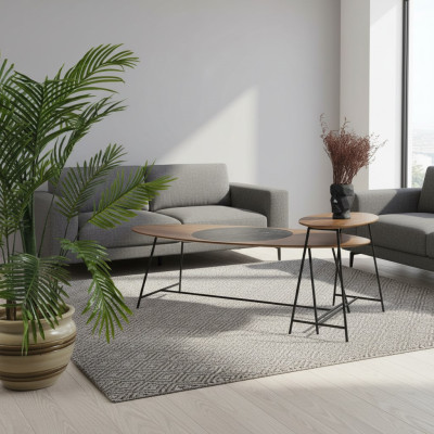 Mesa moderna de centro auxiliar de diseño para sala de estar madera ovalada 2 piezas.