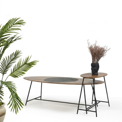Mesa moderna de centro auxiliar de diseño para sala de estar madera ovalada 2 piezas.