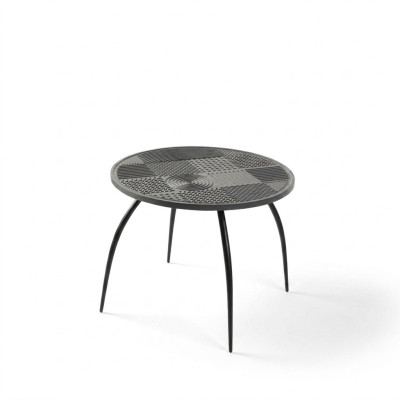 Mesa de centro redonda negra original con tablero tallado.