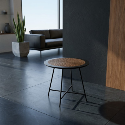 Mesa de centro en estilo contemporáneo con tablero de imitación de madera natural.