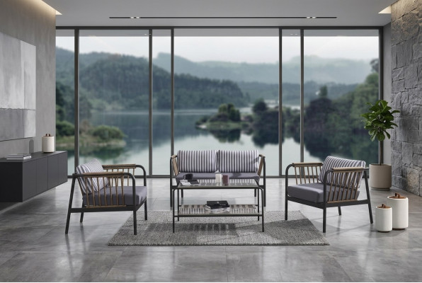 Sofá de diseño 2 plazas de tela 2 sillones Sofás tapizados Mesa de centro Textil Nuevo