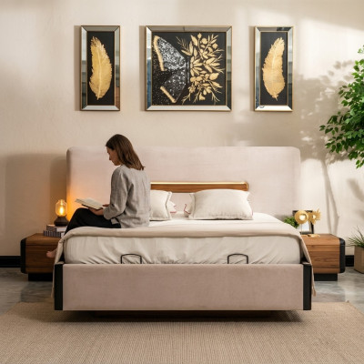 Cama Muebles Diseño Camas Cama doble Dormitorio de lujo Textil Madera Nuevo