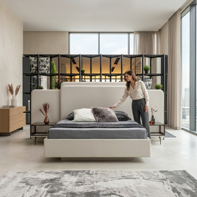 Cama de diseñador moderna impecable para tu dormitorio en blanco.