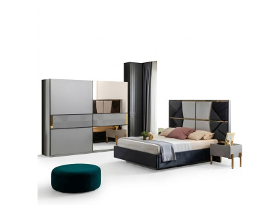 Juego de muebles de dormitorio perfecto en tonos grises con incrustaciones doradas.