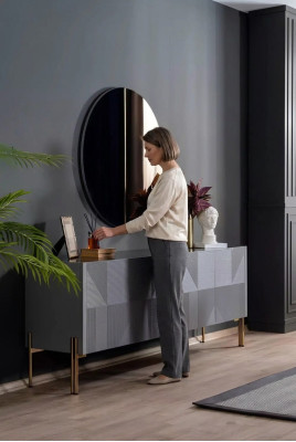 Aparador espejo Set estilo italiano de 2 piezas. Salón de madera Cómoda Armario