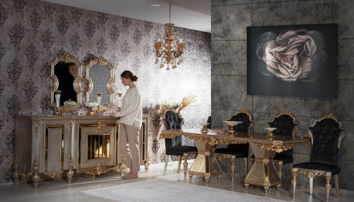 Muebles de comedor de alta calidad de 7 piezas en estilo dorado.
