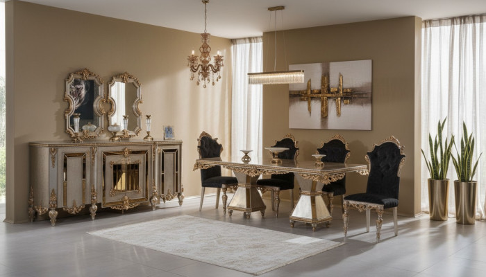 Muebles de comedor de alta calidad de 7 piezas en estilo dorado.
