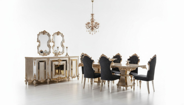 Muebles de comedor de alta calidad de 7 piezas en estilo dorado.