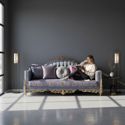 Sofá de diseño de 3 plazas tapizado de lujo. Sofás clásicos de tela Chesterfield.