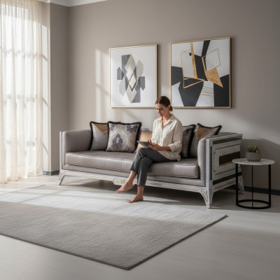 Diseñador Sofá moderno de lujo de 3 plazas Muebles de madera Tapizado Textil Gris Nuevo